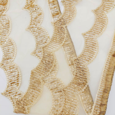 Beige Net Scallop Lace Trim with Gold Sequins, Sari Border, Embroidered Trim